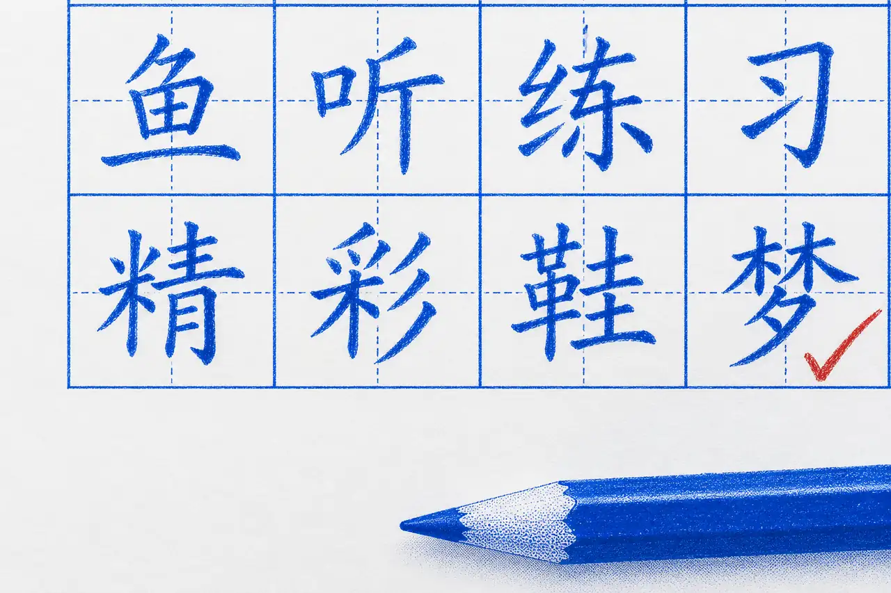 A lesson 1 word from each level, 鱼 听 练习 精彩 鞋 梦, handwritten in a cobalt practice grid with a red tick, and a pencil