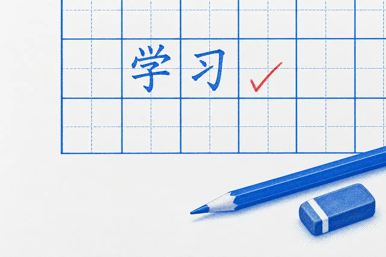 The word 学习 (to study) handwritten in a cobalt practice grid, a red tick beside it, and a pencil and an eraser