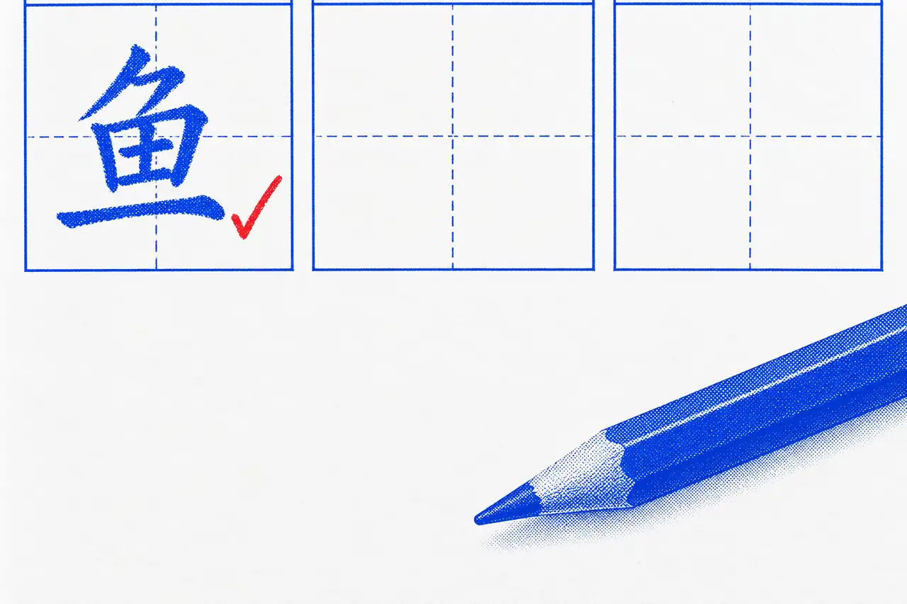 The Primary 1 lesson 1 word 鱼 (fish) handwritten in a cobalt practice grid, a red tick beside it, and a cobalt pencil