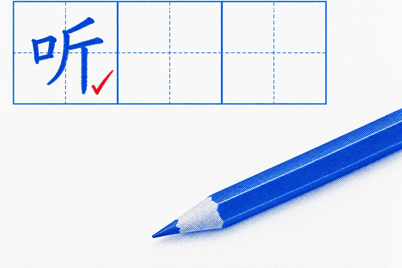 The Primary 2 lesson 1 word 听 (to listen) handwritten in a cobalt practice grid, a red tick beside it, and a cobalt pencil