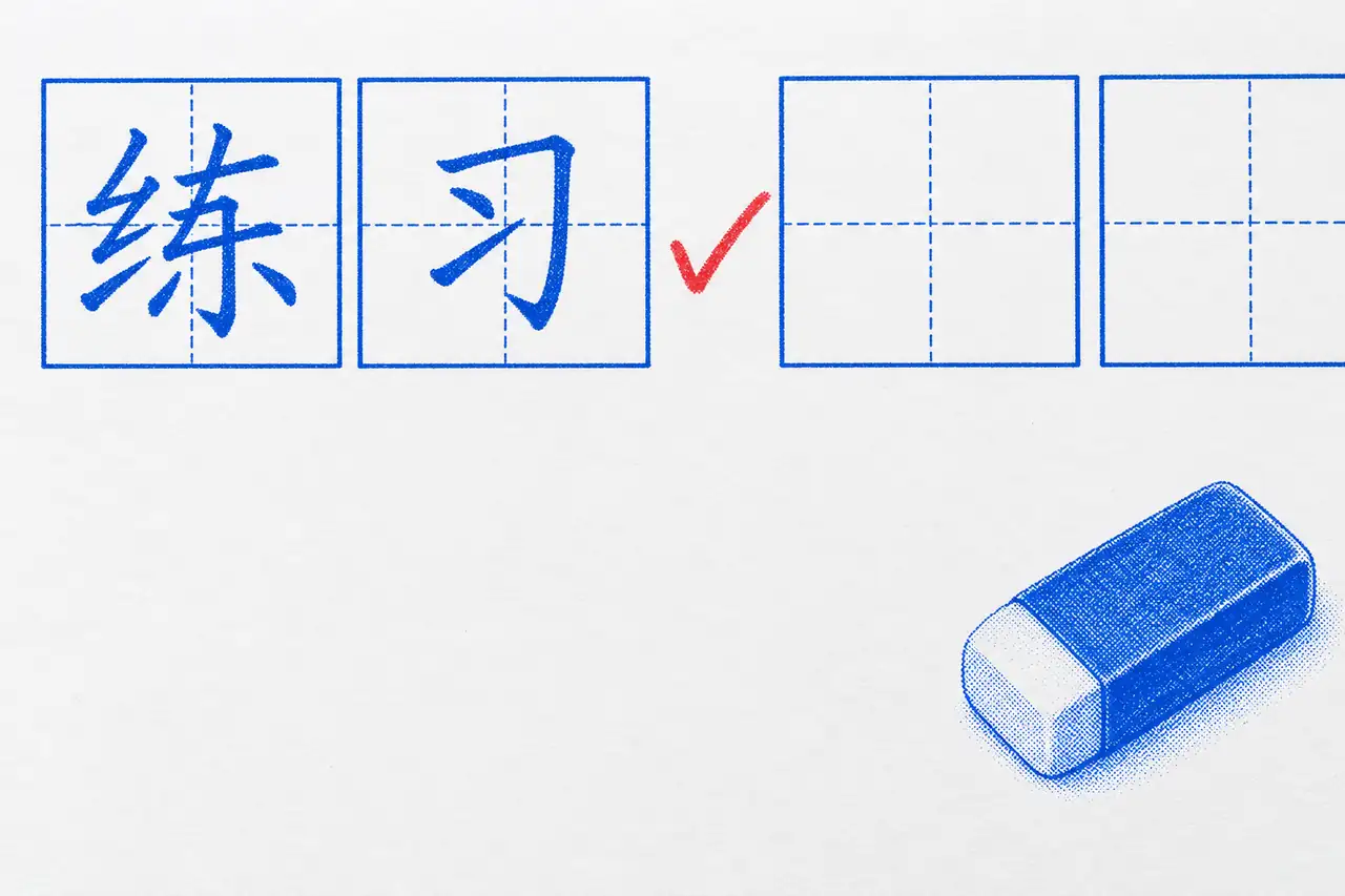 The Primary 3 lesson 1 word 练习 (to practise) handwritten in two practice-grid boxes, a red tick after it, and an eraser