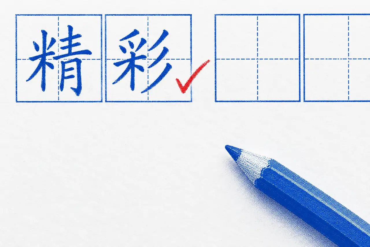 The Primary 4 lesson 1 word 精彩 (wonderful) handwritten in two practice-grid boxes, a red tick after it, and a cobalt pencil