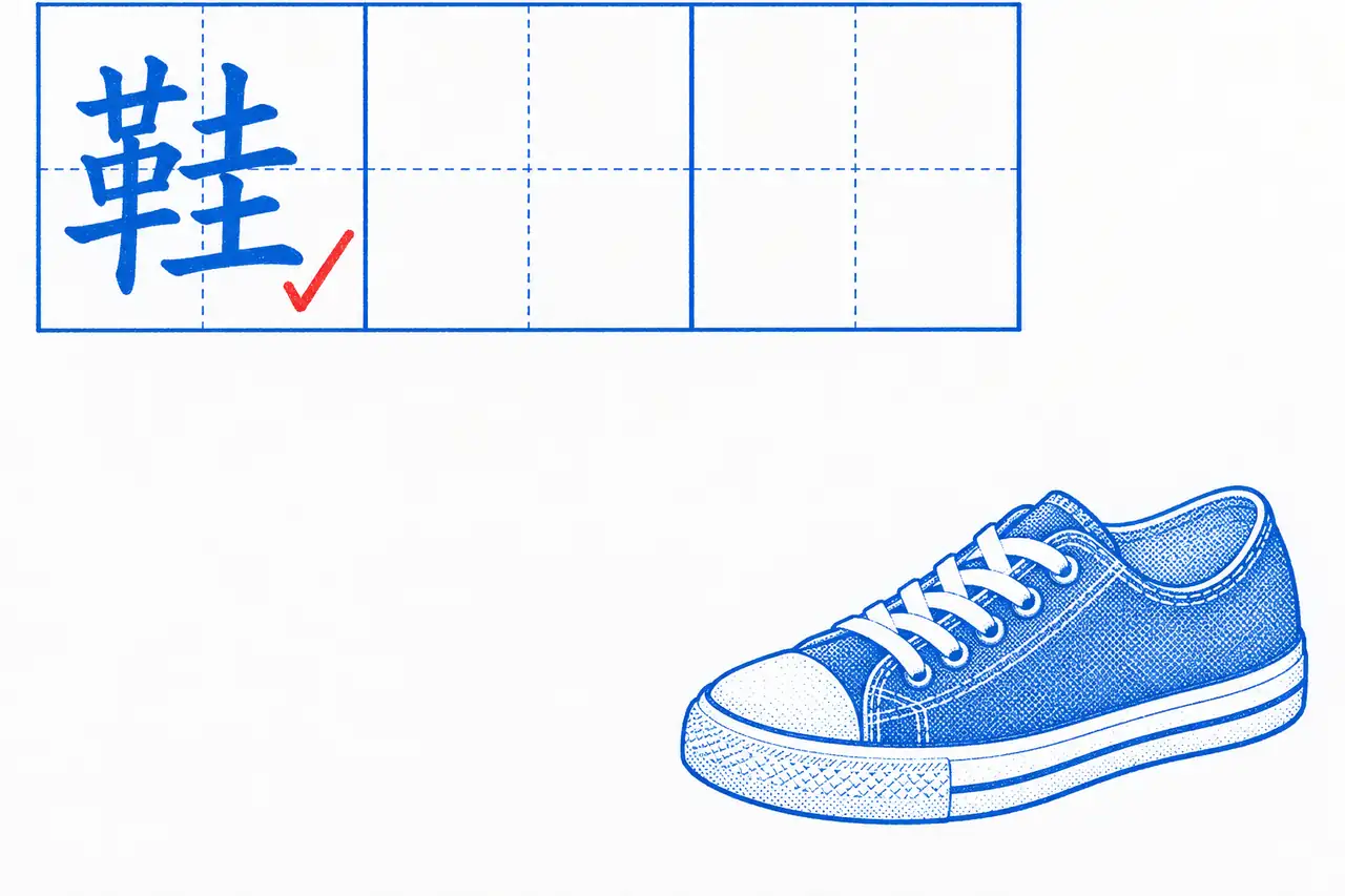 The Primary 5 lesson 1 word 鞋 (shoe) handwritten in a cobalt practice grid, a red tick beside it, and a canvas school shoe