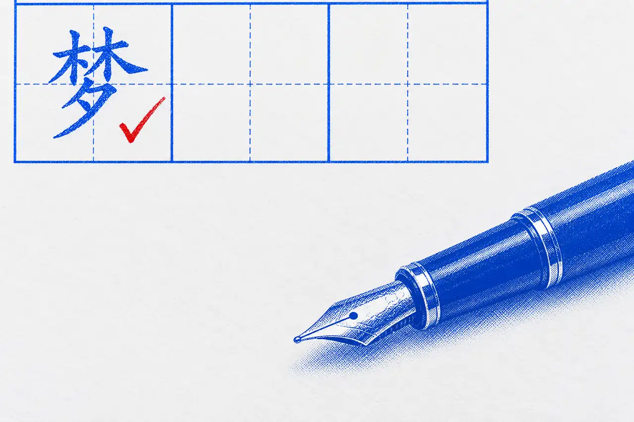 The Primary 6 lesson 1 word 梦 (dream) handwritten in a cobalt practice grid, a red tick beside it, and a fountain pen