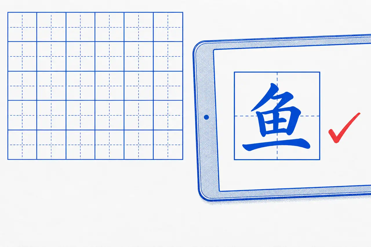 A tablet showing an Anki flashcard of 鱼 (fish) in a practice box, a red tick beside it, next to an empty practice grid